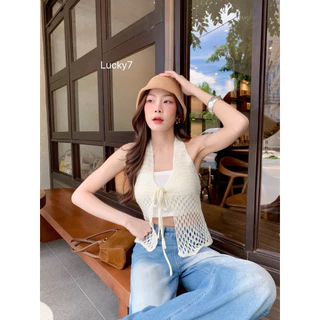 BY IRA 🏝️พร้อมส่ง🏝️ เสื้อกล้ามถักไหมพรม สีพื้น ดีเทลแหวกหน้า เชือกมัดโบว์ด้านหน้า แฟชั่นฤดูร้อน สําหรับผู้หญิง