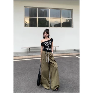 เสื้อยืดผู้หญิง เสื้อปาดไหล่ สาวY2K อักษรสวย ปาดไหล่เซ็กซี่#92317
