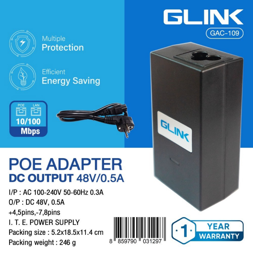 GLINK GAC109 POE Adapter 48V 0.5A BY BILLIONAIRE SECURETECH GAC-109