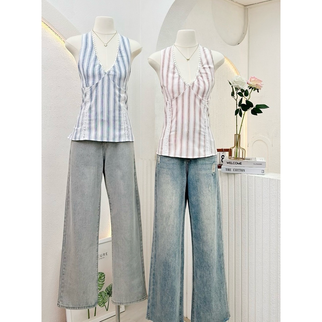 NN673 เสื้อคอวีผูกคล้องคอลายริ้ว Peekanong🌷