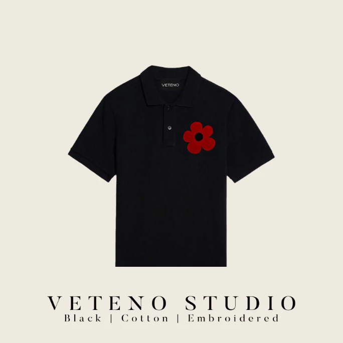 เสื้อ โปโล VETENO STUDIO BLACK POLO - RED DAISY