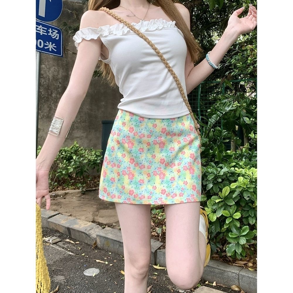 [Sheing office] พร้อมส่ง กระโปรงสั้นลายดอกไม้สำหรับผู้หญิง กระโปรงทรงสะโพกเข้ารูป สไตล์ย้อนยุค กระโปรงทรงเอ