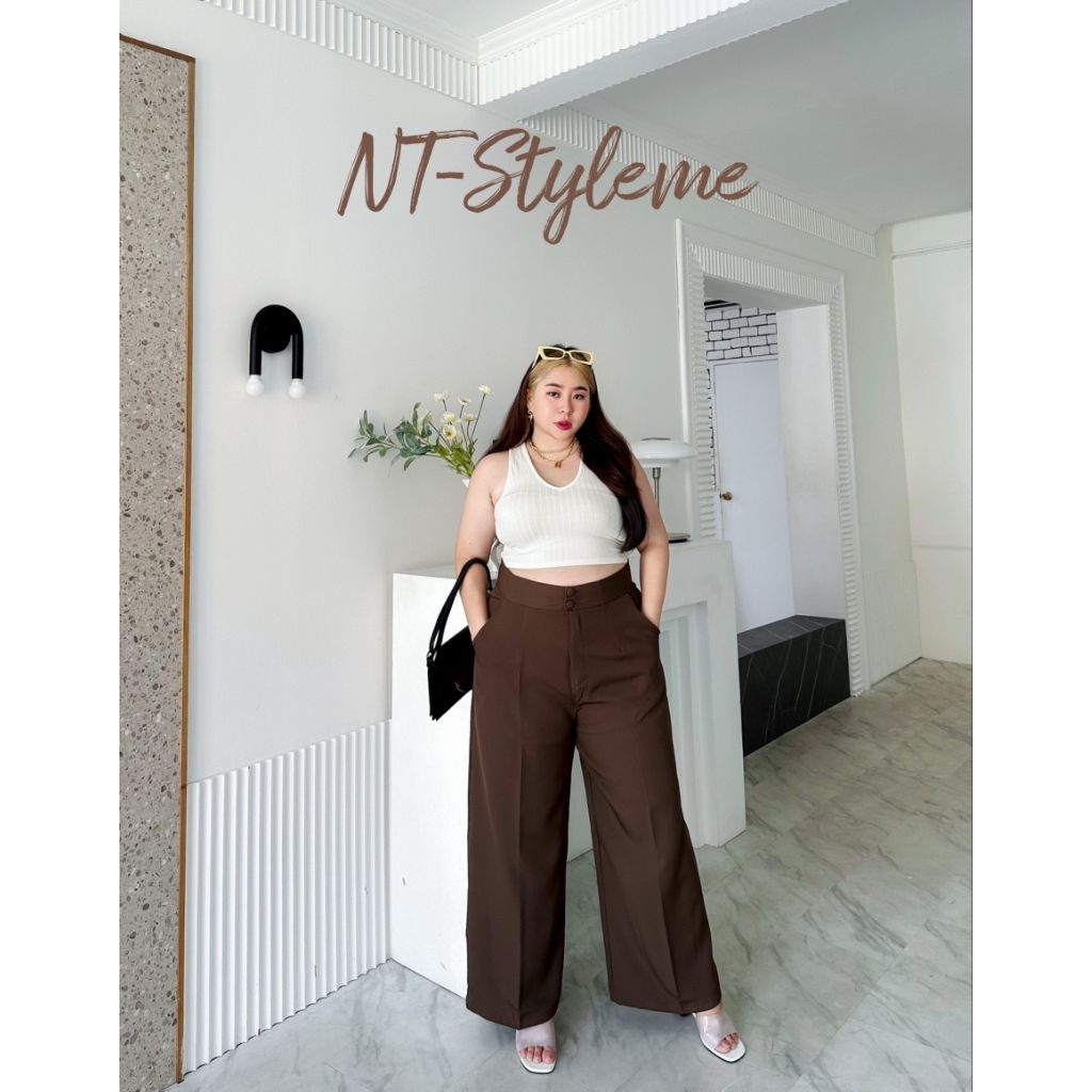 New ‼️รุ่นE กางเกงขากระบอกใหญ่กระดุมปั้มสาวอวบเอว32-46”ผ้าเปเป้