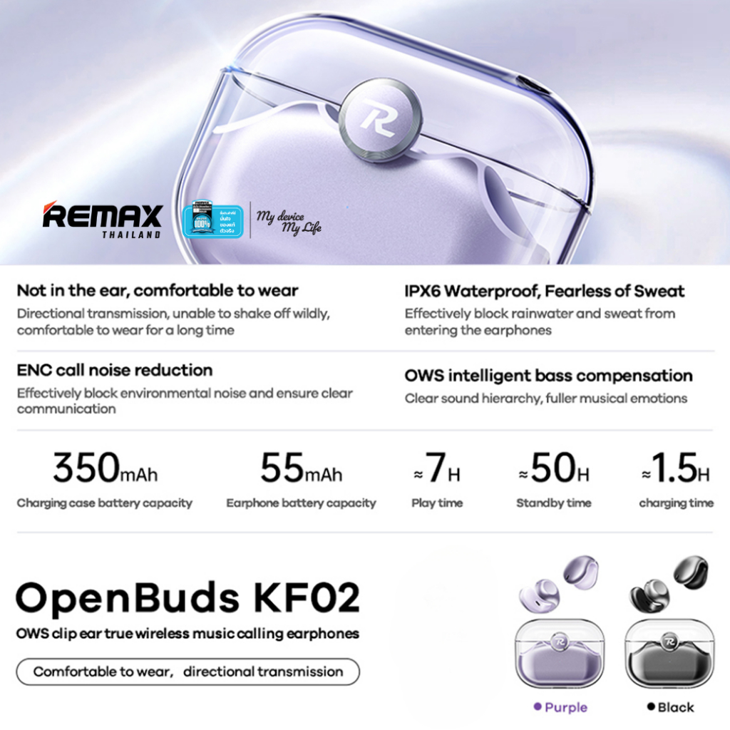 Remax Small Talk BT/TWS OpenBuds KF02 - หูฟังบลูทูธไร้สาย Clip-on Bluetooth 5.4 ตัดเสียงรบกวน ENC - รูปที่ 2