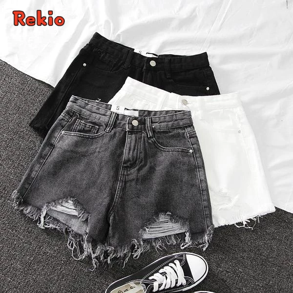 REKIO S~6XL (25-39) กางเกงยีนขาสั้น เอวสูง สไตล์เกาหลี