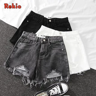 REKIO S~6XL (25-39) กางเกงยีนขาสั้น เอวสูง สไตล์เกาหลี