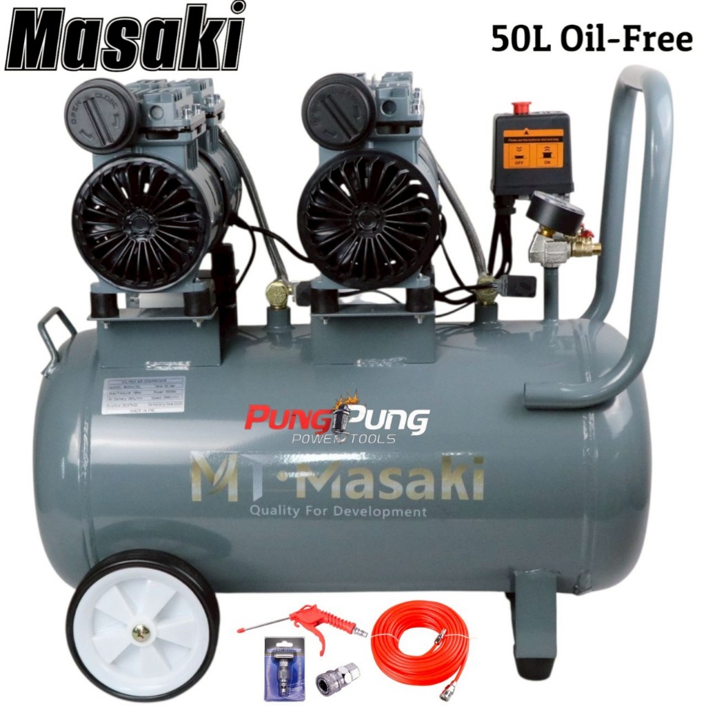 MT Masaki ปั้มลม OIL FREE 50 ลิตร 2 มอเตอร์ ปั้มลมเก็บเสียง ปั้มลมออยฟรี เสียงเงีบย 3600W 4HP ปั้มลมไฟฟ้า ปั้มลมรถยนต์