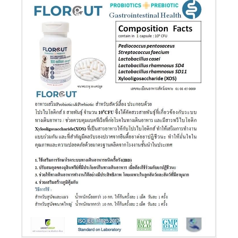 Florgut บรรจุ 30 แคปซูล  อาหารเสริมพรีไบโอติกและโพรไบโอติก ปรับสมดุลลำไส้ สำหรับในสุนัขและแมว - รูปที่ 2
