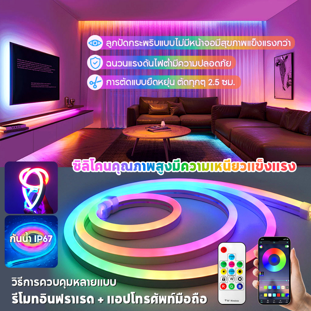 12V แรงดันต่ำ ไฟ LED Strip Neon RGBIC ด้วยแอพบลูทู ธ และโหมดซิงค์เพลงกันน้ำระยะไกล RGB ดรีมคัลเลอร์ ของตกแต่งห้องไฟ