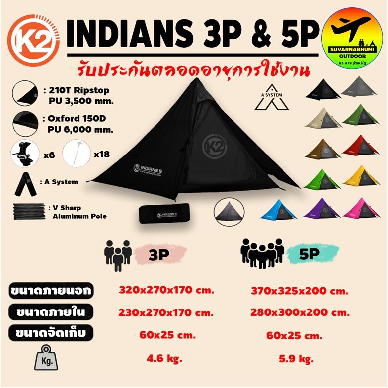 เต็นท์กระโจม K2 INDIANS 3 และ INDIANS 5  ระบบเสา A system (ไม่มีเสาตรงกลาง)