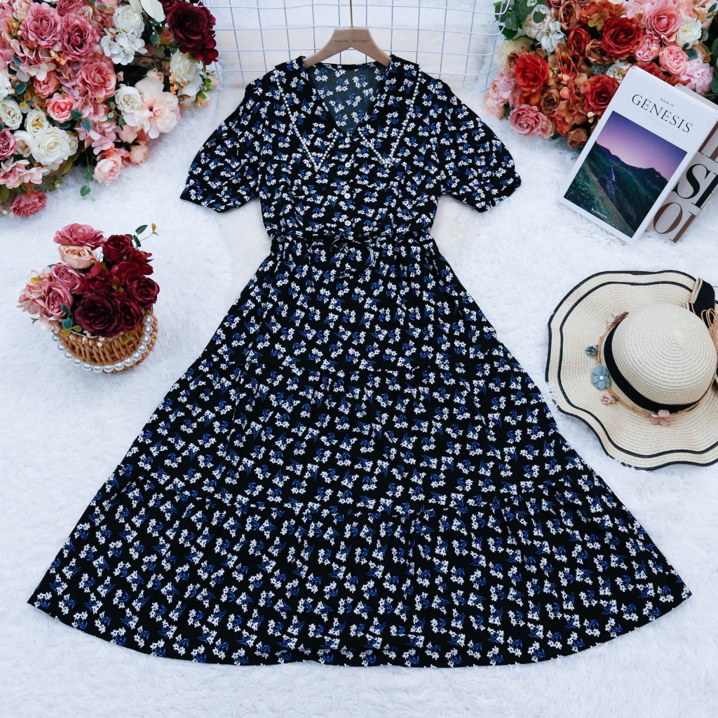 ชุดเดรสลายดอกไม้,ชุดเดรสพิมพ์ลาย สีดำ คอปก ผ้าโพลีเอสเตอร์ ความยาวชุด 44