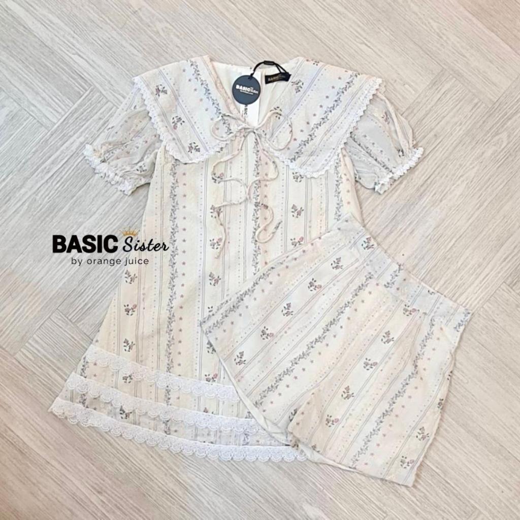 " WEE " Basic Sister JC210 ชุดเซ็ท2ชิ้น เสื้อคอบัวแขนสั้น ผ้าลินินสีครีม งานปักดอกไม้+กาเกงขาสั้น