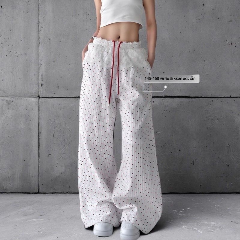 150 กางเกงขายาวลูกไม้สีขาวเล็ก ๆ สำหรับผู้หญิง ฤดูร้อน ขี้เกียจ หวาน รัก กางเกงกีฬา กางเกงขายาวลำลอง สูง xs