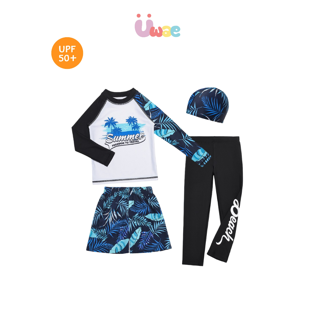 Uwae ชุดว่ายน้ำเด็กกันUV เซต 4 ชิ้น เสื้อแขนยาวกางเกงขาสั้น/ขายาว พร้อมหมวก Palm Island ชุดว่ายน้ำเด็ก รุ่นUV452