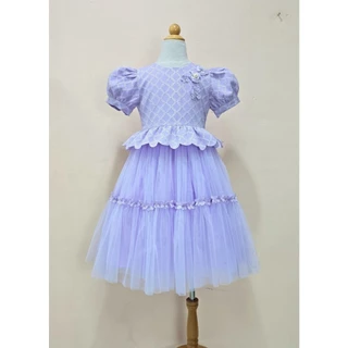 J004 รุ่นจัมปาพาสเทล เดรสเด็กออกงาน เดรสลูกไม้สีพาสเทล ชุดไทยประยุกต์เด็ก สีม่วงพาสเทล 8 ขวบ