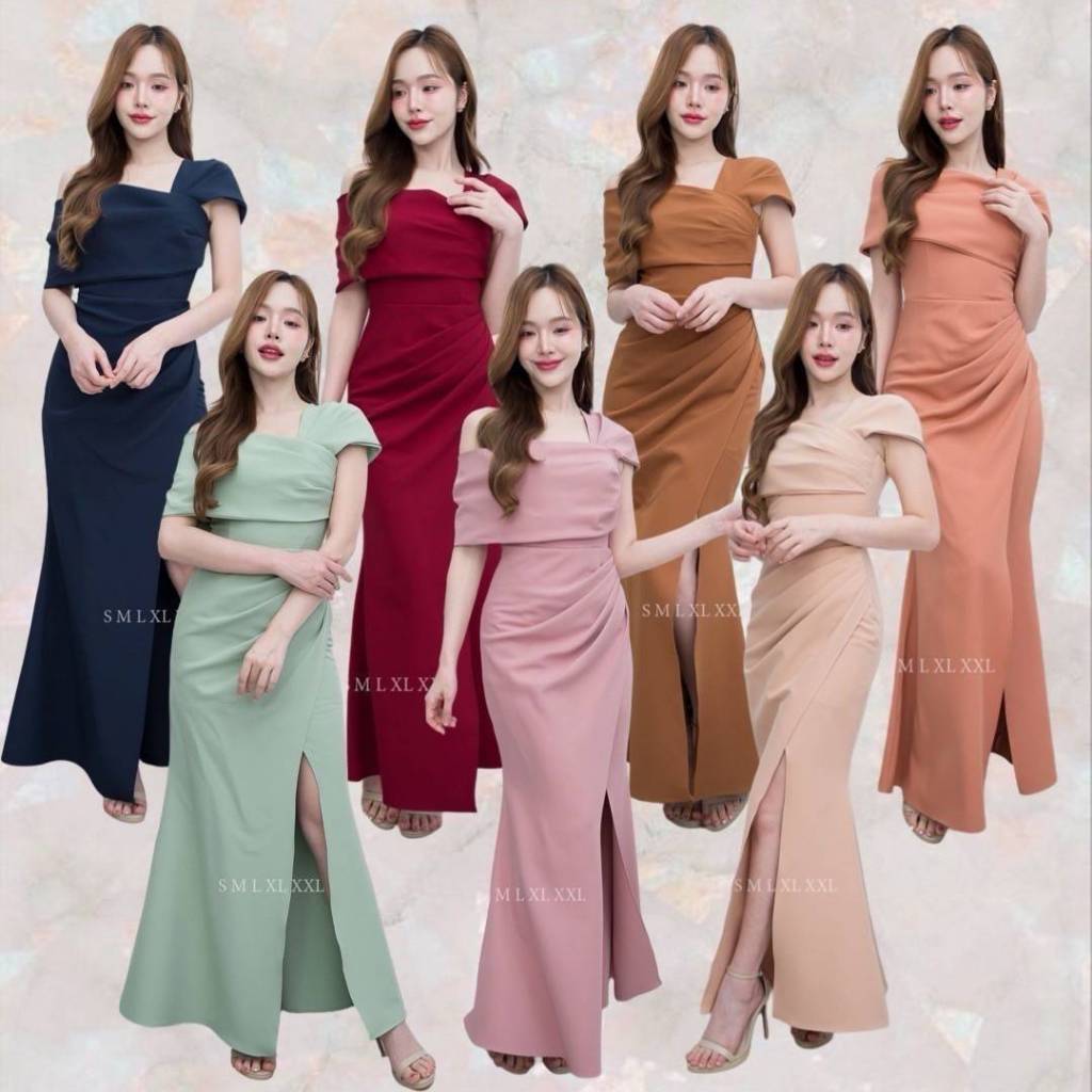 เดรสยาว ชุดเดรส ชุดราตรี ชุดออกงาน NX273 เกาะอก ระบาย ปาดไหล่2ข้าง งานแต่งงาน ชุดราตรี Woman Dress