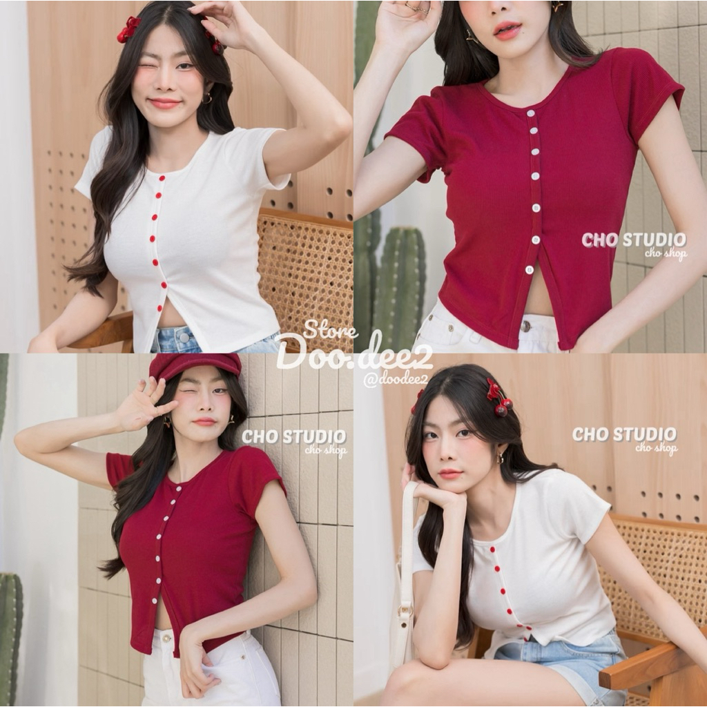 DOODEE2 เสื้อคอกลมแต่งติดกระดุม ดีเทลผ่าหน้าผ้าร่องเล็ก