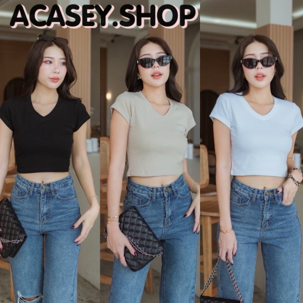 Acasey เสื้อยืดผู้หญิง เสื้อครอปคอวี แขนสั้น ผ้าคอนตอนอย่างดี T297