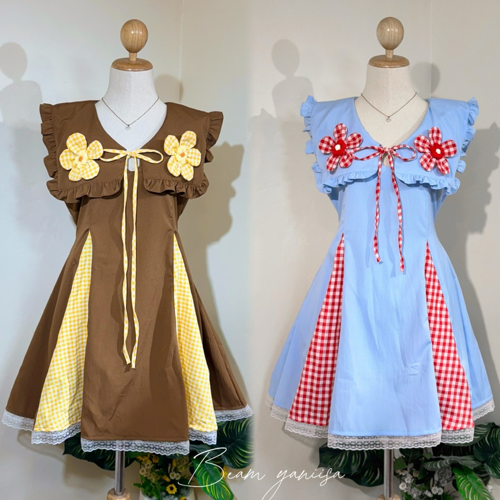 Dress คอปกระบายปักดอกไม้ทรงปล่อย ( M-12 )