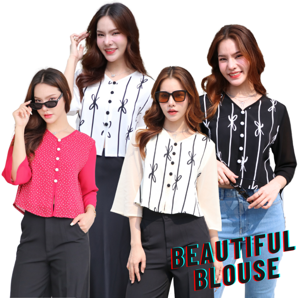 เสื้อผ้าไหมอิตตาลี สำหรับสาวอวบ ลายโบว์ ชีฟองแขนบาน เนื้อผ้านุ่มผิวใส่สบาย แบรนด์ Bluecherry ไซส์ 36 38 40 42 44 46 นิ้ว