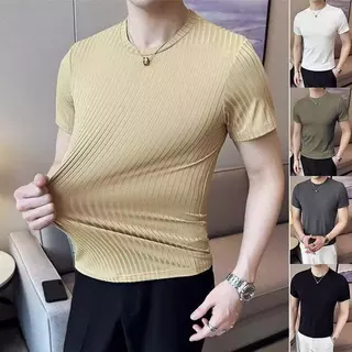 เสื้อยืดคอกลมลายทางแขนสั้นผ้ายืดสีพื้นสำหรับผู้ชาย 2025 ใหม่