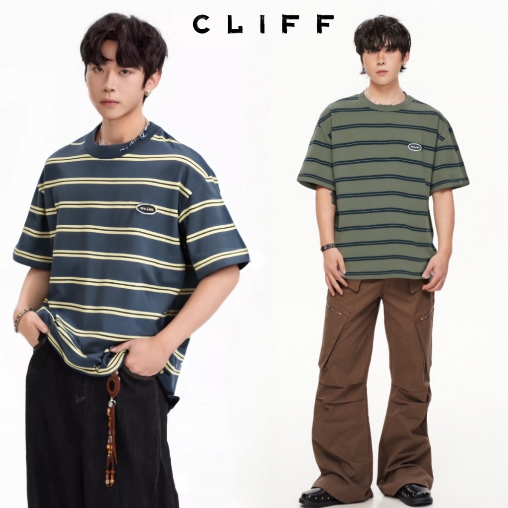 CLIFF แขนสั้นของผู้ชาย ลายทาง สบาย ๆ เสื้อคอกลม ชุดคู่รัก แฟชั่นขนาดกว้าง ผสานสี สไตล์เกาหลี