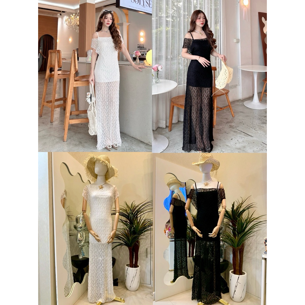 เดรสลุกไม้2ชิ้นยาวสวยแบบเลอค่าตัวผ้าลุกไม้ยืดงานดีมากๆมาพร้อมสายเดี่ยวซับในซึ่งก็งานดีมากน้าค่าทรงดี ปิด
