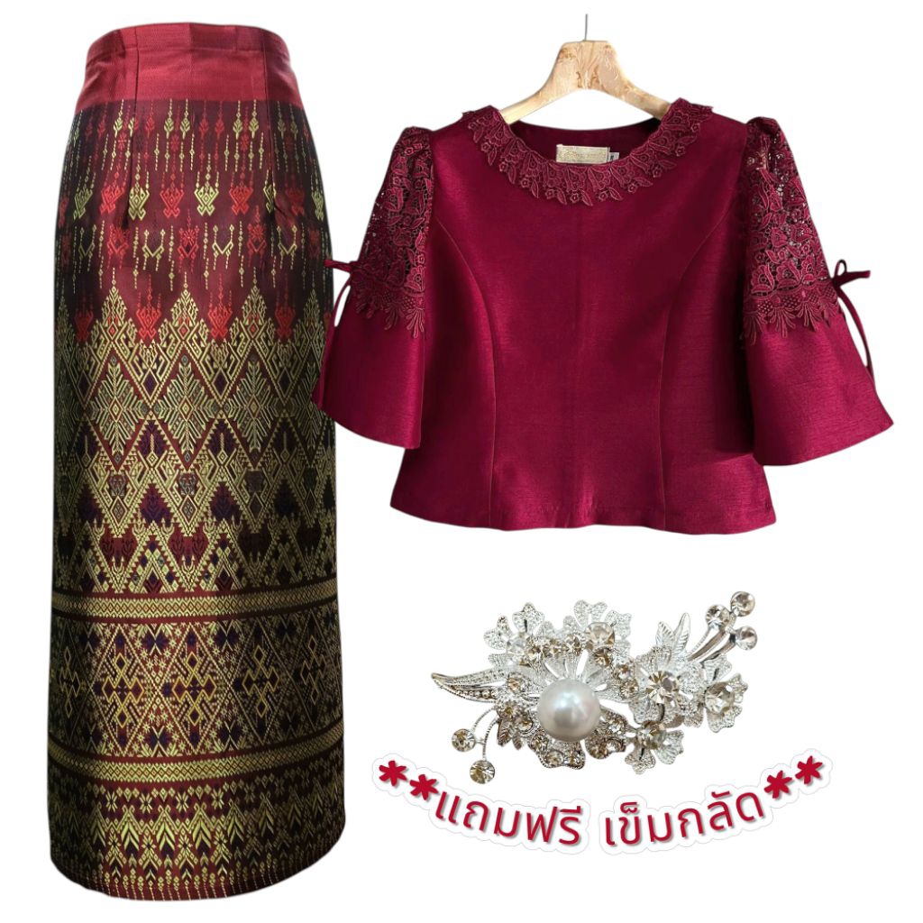 ชุดเซ็ทเสื้อผ้าไหมคอกลมแขนโบว์ตกแต่งลูกไม้สวิตว์