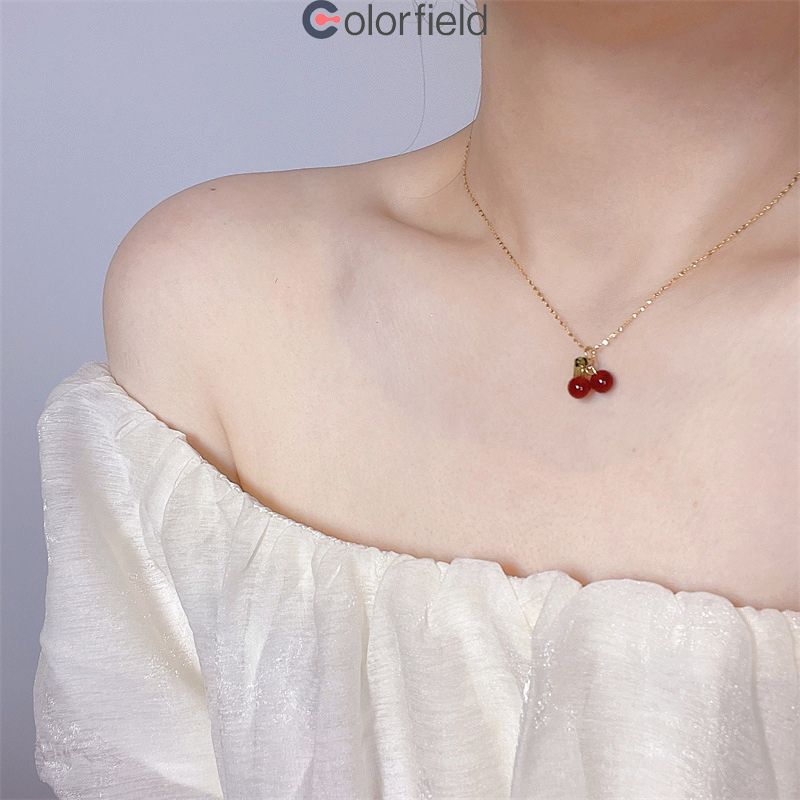 Colorfield สร้อยคอจี้เชอร์รี่สีแดงวินเทจแฟชั่น เกาหลี หวาน หรูหราไฮเอนด์เครื่องประดับสำหรับผู้หญิง ของขวัญวันหยุด -COD