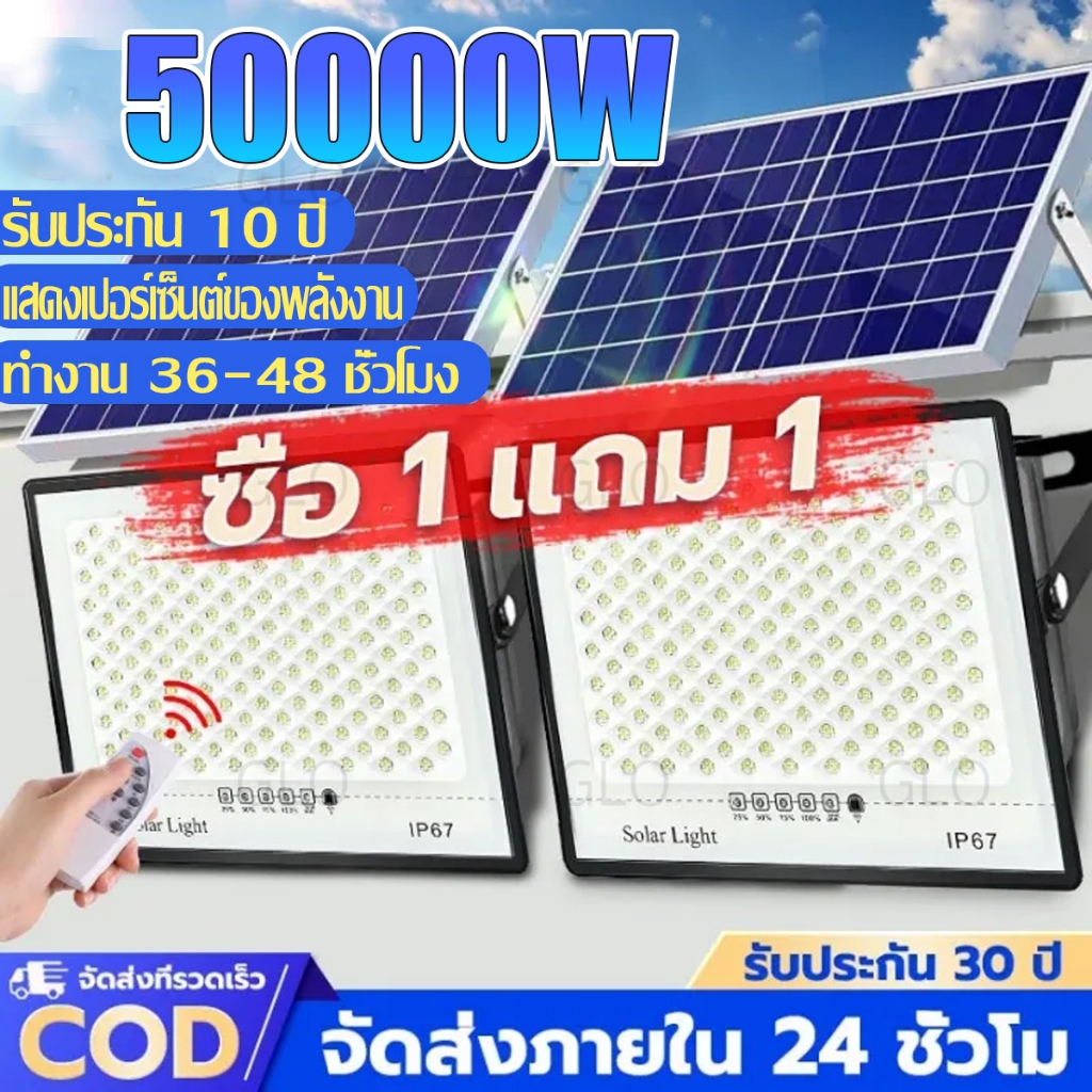 GLO ซื้อ 1 แถม 1 ไฟโซล่าเซลล์ 50000W โซล่าเซลล์ Solar Light IP67 กันน้ำ กันฟ้าผ่ สว่างอัตโนมัติเมื่อฟ้ามืด