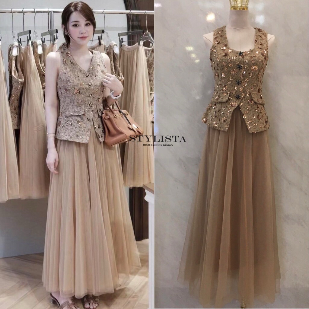 M6 งานป้าย Stylista Set เซ็ทเสื้อแขนกุดปกสูทปักเลื่อม+กระโปรงยาวผ้าตาข่าย สำหรับผู้หญิง เสื้อผ้าแฟชั