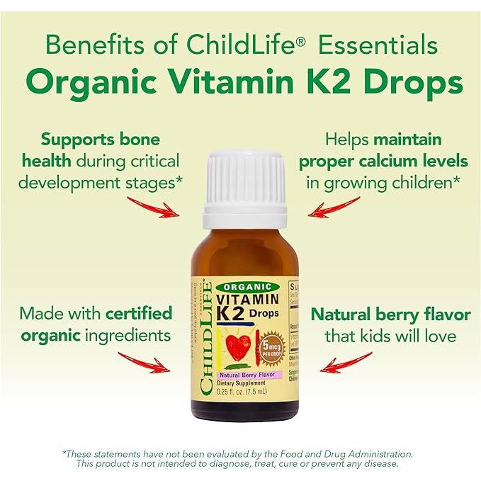 ChildLife Essentials, Organic Vitamin K2 Drops, Natural Berry, 5 mcg, 0.25 fl oz (7.5 ml)
