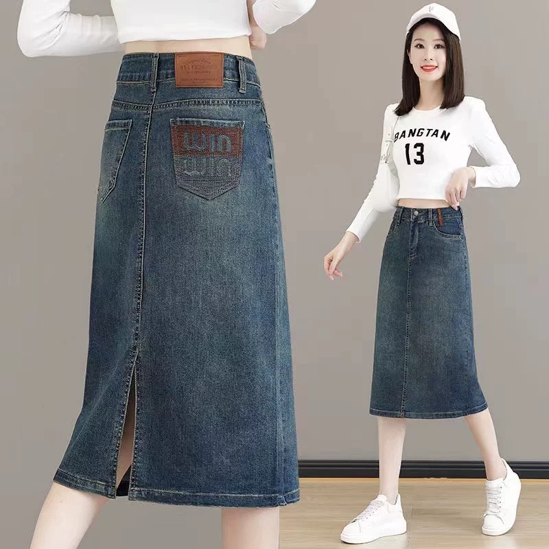 สูง147ใส่ได้ กระโปรงยีนส์ยาวเองสูง ผ้ายืด เก็บพุงเก็บสะโพก ทรงเอผ่าหลัง สำหรับหุ่นผู้หญิ้งทรงลูกแพร์