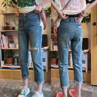 GHAOHES กางเกงยินส์ กางเกงขายาว ขากระบอกเล็ก ผ้ายืด เอวสูง  …