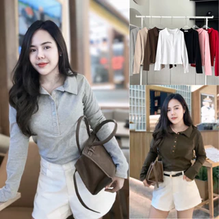 ELLIS i POLO เสื้อโปโล แขนยาวสไตร์ลาฟผ้ายูทรงสวย Size s-l🤎พร้อมส่ง