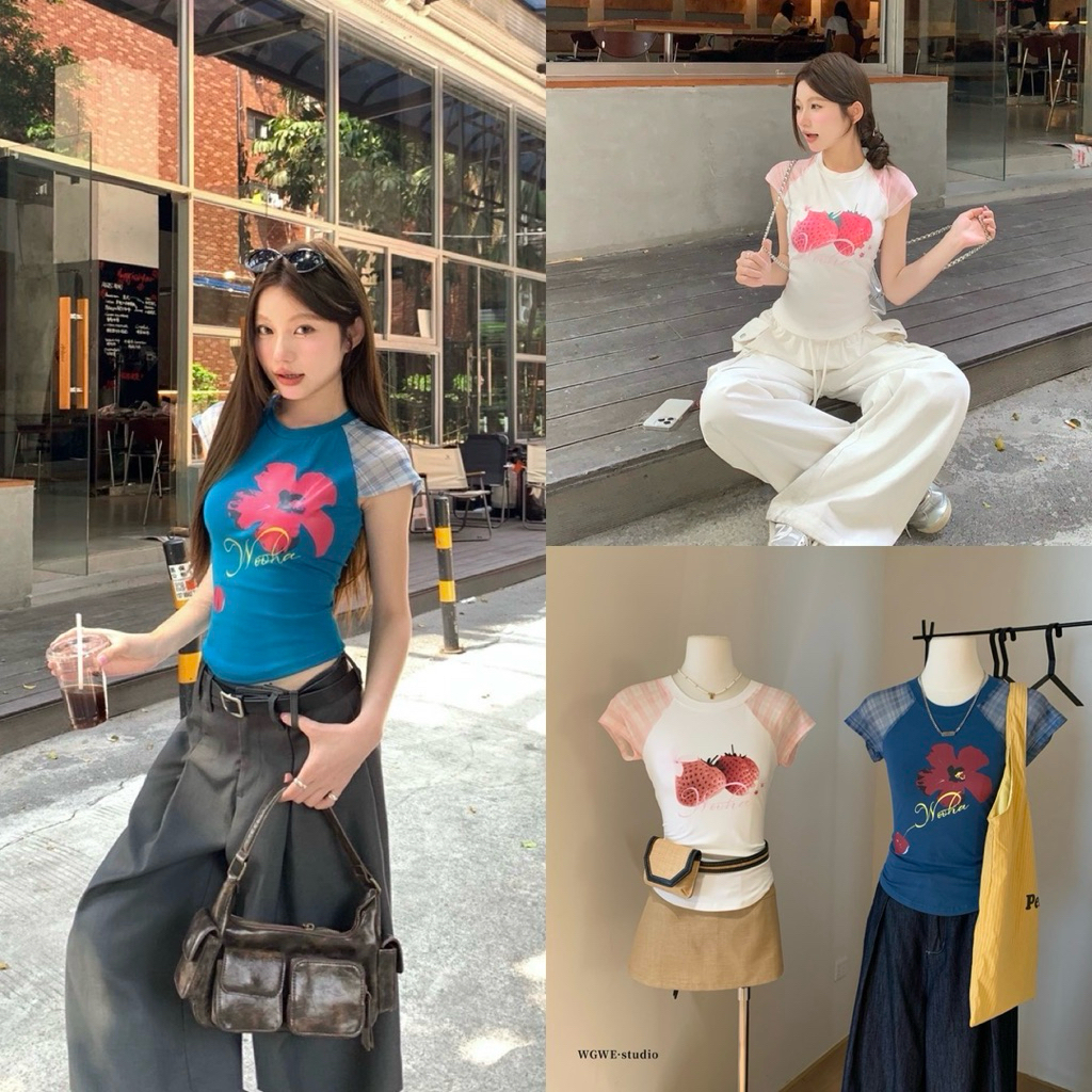 WG.WE 5801 🌺🍓 เสื้อยืดคอกลมแขนสั้น ต่อแขนผ้ามุ้ง สกรีนลายด้านหน้า