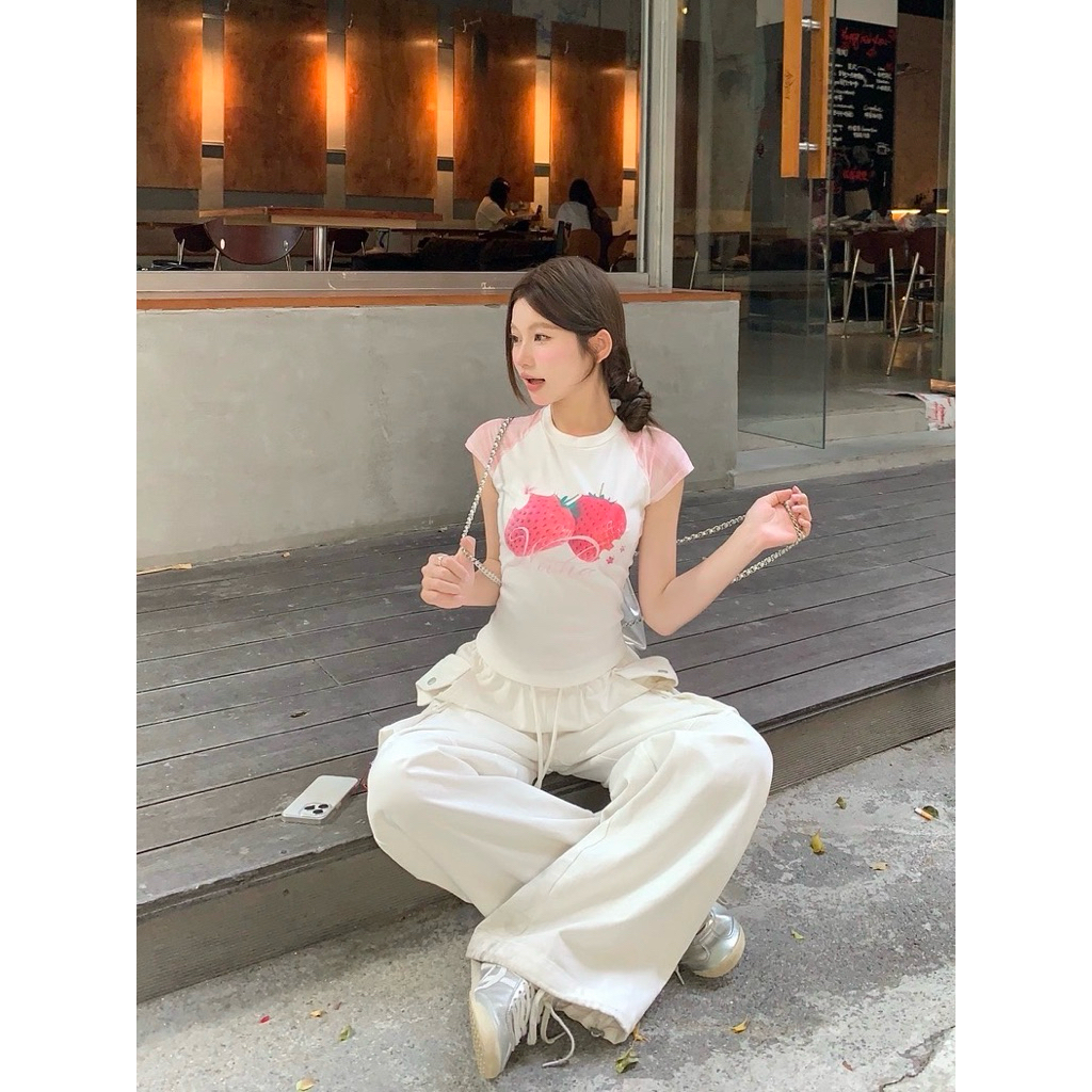 WG.WE 5801 🌺🍓 เสื้อยืดคอกลมแขนสั้น ต่อแขนผ้ามุ้ง สกรีนลายด้านหน้า - รูปที่ 3