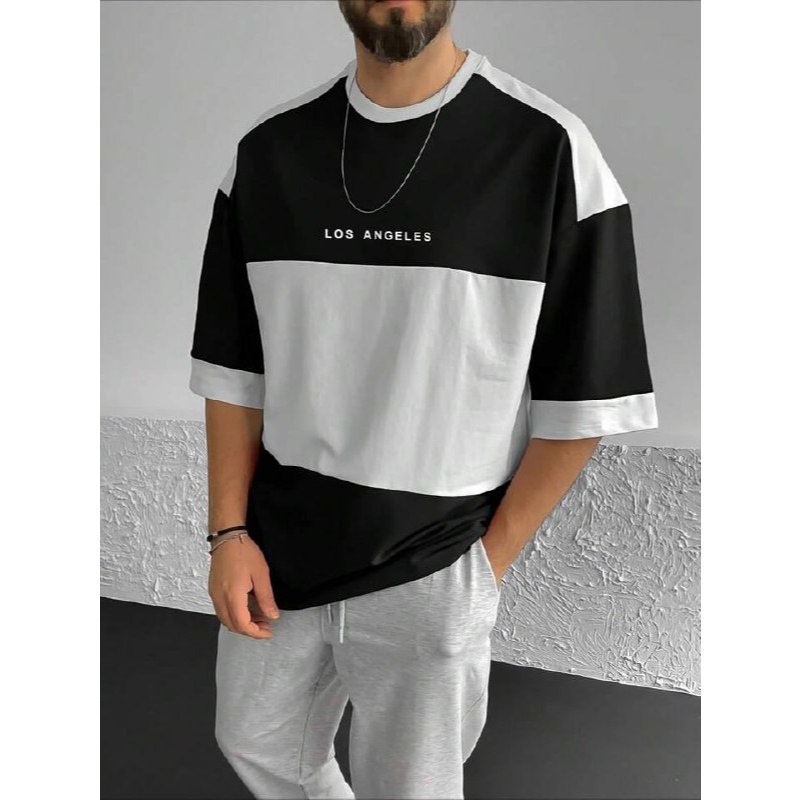 สินค้าในไทยพร้อมส่ง Manfinity Homme เสื้อยืดแขนสั้นสไตล์ทูโทน คอกลม พิมพ์ตัวอักษรโทนสีบล็อกสำหรับผู้