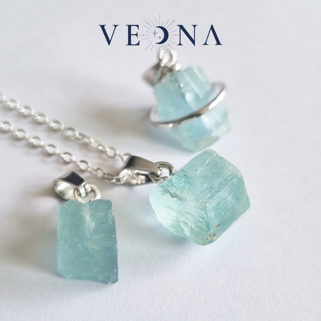 จี้หิน Aquamarine หินแท้ | สร้อยคอสีฟ้าสว่างแห่งความสงบและสติ | เลือกชิ้นได้ (แถมสร้อยฟรี)