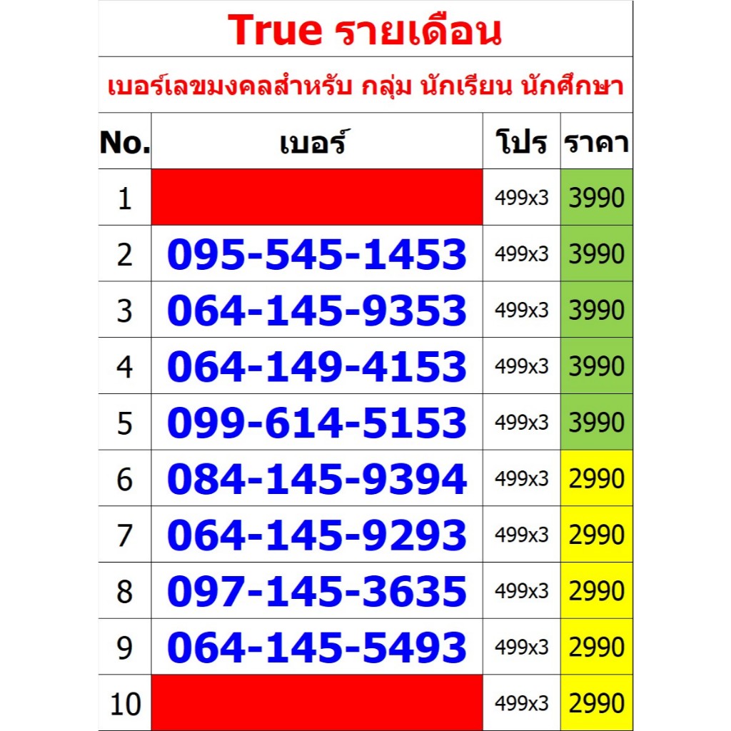 เบอร์เลขมงคลสำหรับ กลุ่ม นักเรียน นักศึกษา ทรูรายเดือน มี 31 เบอร์ (ทักแชทก่อนสั่ง)(22/1/25-111-31)
