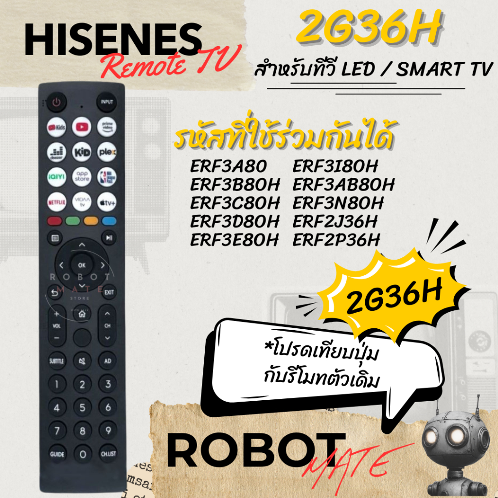 รีโมททีวี Hisense รุ่น 2G36H | ใช้ได้ทันที ไม่ต้องตั้งค่า | รองรับทีวีระบบ VIDAA Smart TV