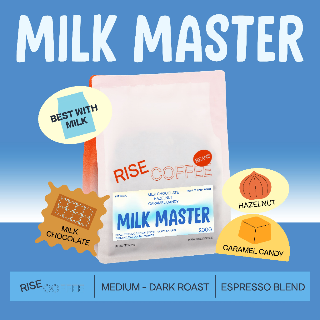 RISE COFFEE เมล็ดกาแฟคั่วกลางเข้ม Milk Master หอมหวาน เหมาะทานกับกาแฟนม Brazil 100% เกรดพรีเมี่ยม