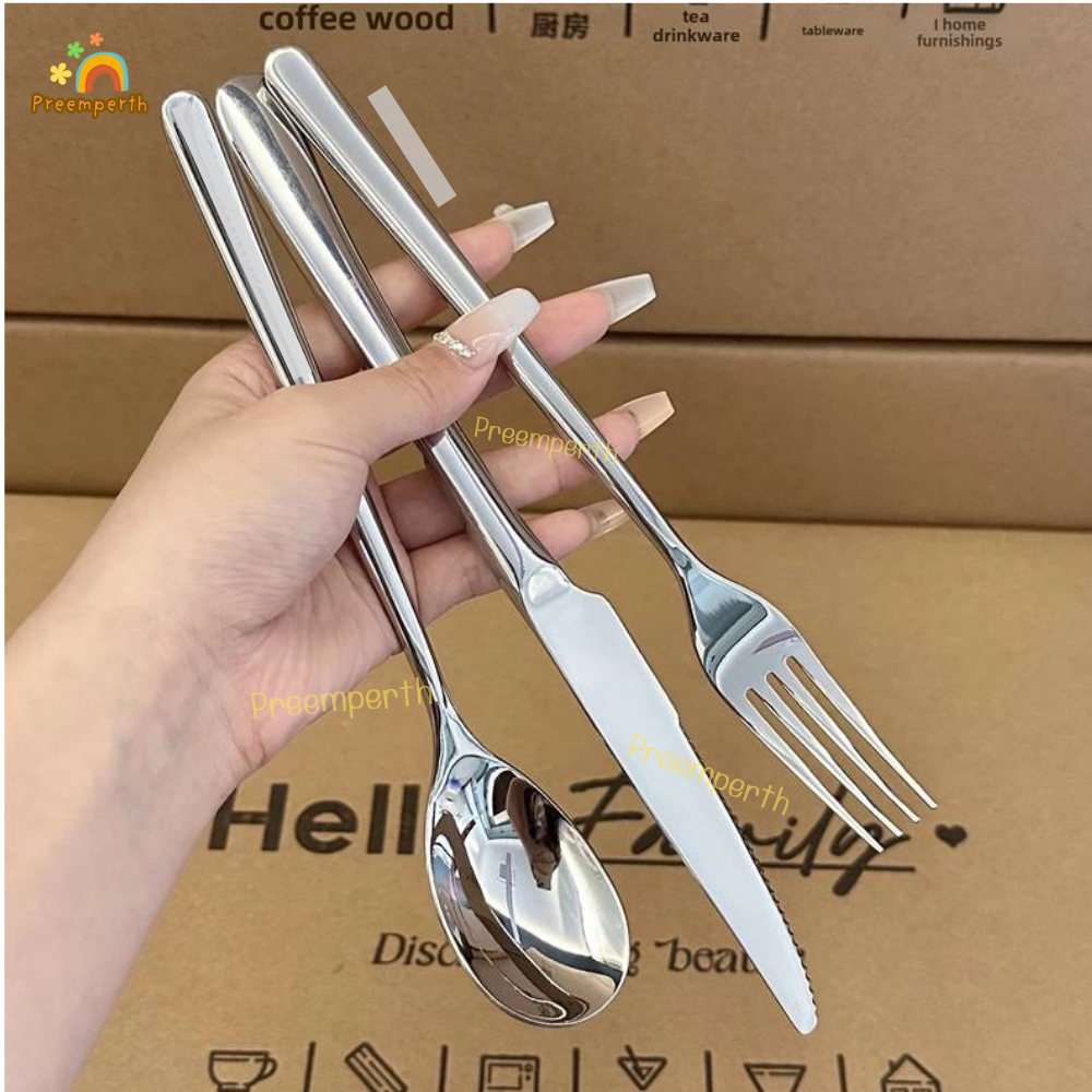 Preemperth - (1 คู่) สแตนเลส 304 ช้อนส้อม มีด cutlery ด้ามลายอิตาเลียน หนา มีน้ำหนัก ทน สวย หรูหรา..,มีส่งด่วนจ้า