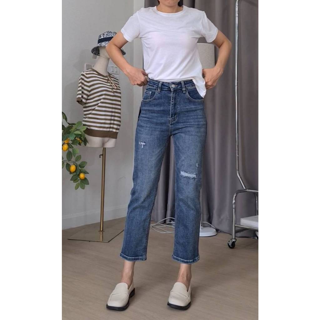 MU100 กระบอกเล็กแต่งขาดผ้ายืดพรีเมี่ยม   แบรนด์ MISS YOU STUDIO