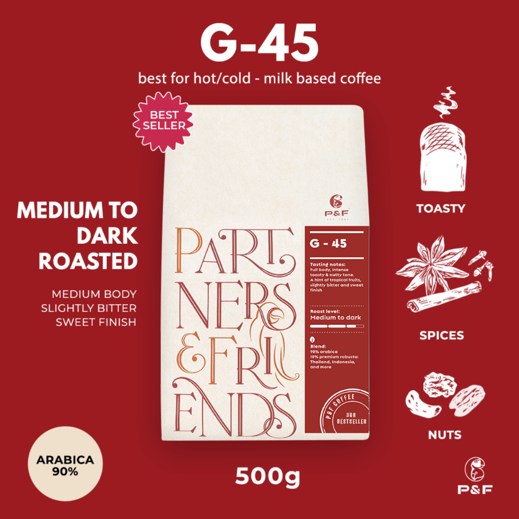 P&F G-45 Blend ขนาด 500g เมล็ดกาแฟคั่ว arabica ผสม robusta (คั่วกลาง-เข้ม) | P&F Coffee พีแอนด์เอฟ
