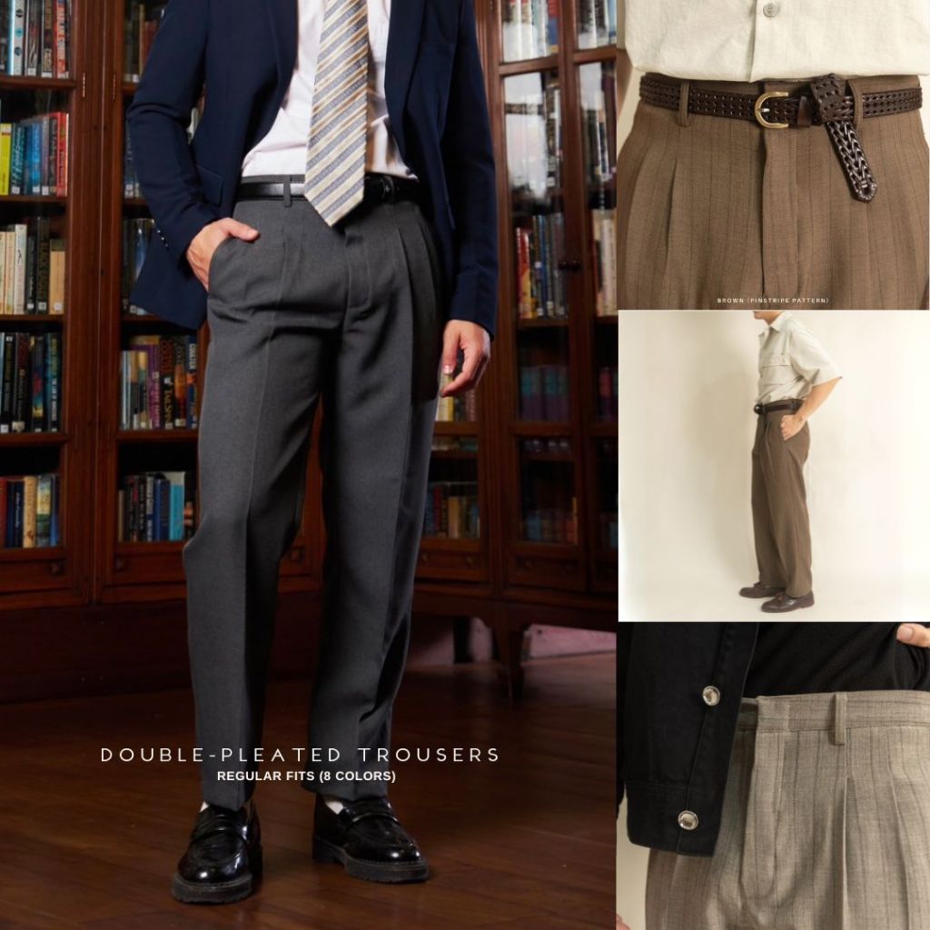 CU [8สี] กางเกงสแล็ค Double Pleated Trouser เอวสูง ทรงกระบอกตรง Classic Pant