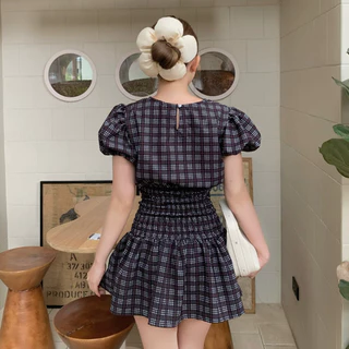 Scott dress ชุดมินิเดรสลายสก็อต~แขนพองสีสวย แต่งสม็อครอบตัวทำให้ยืดได้เยอะมาก กระโปรงจับจีบ ดูพองสวย