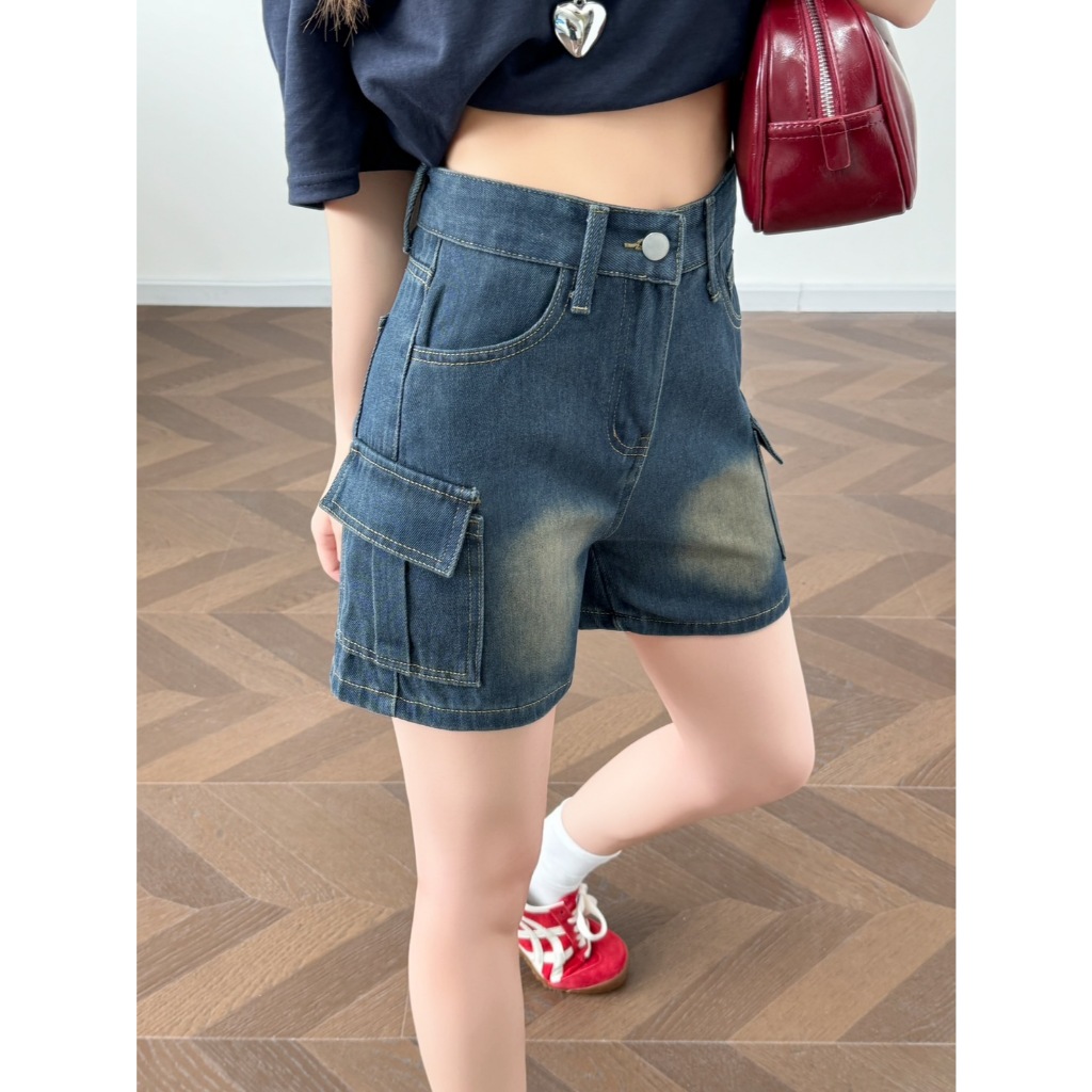 S-5XLกางเกงยีนส์ขาสั้นทรงคาร์โก้ เอวสูงเหนือสะดือ นื้อผ้ายีนส์ไม่ยืด - รูปที่ 2