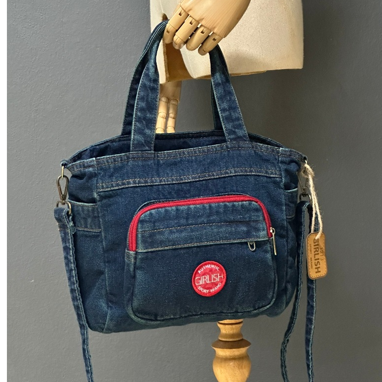AEIOU No.332กระเป๋ายีนส์ GIRLISH ทรงสะพายข้าง+ถือ รุ่น Logo Sport (กว้าง10นิ้ว สูง10นิ้ว)