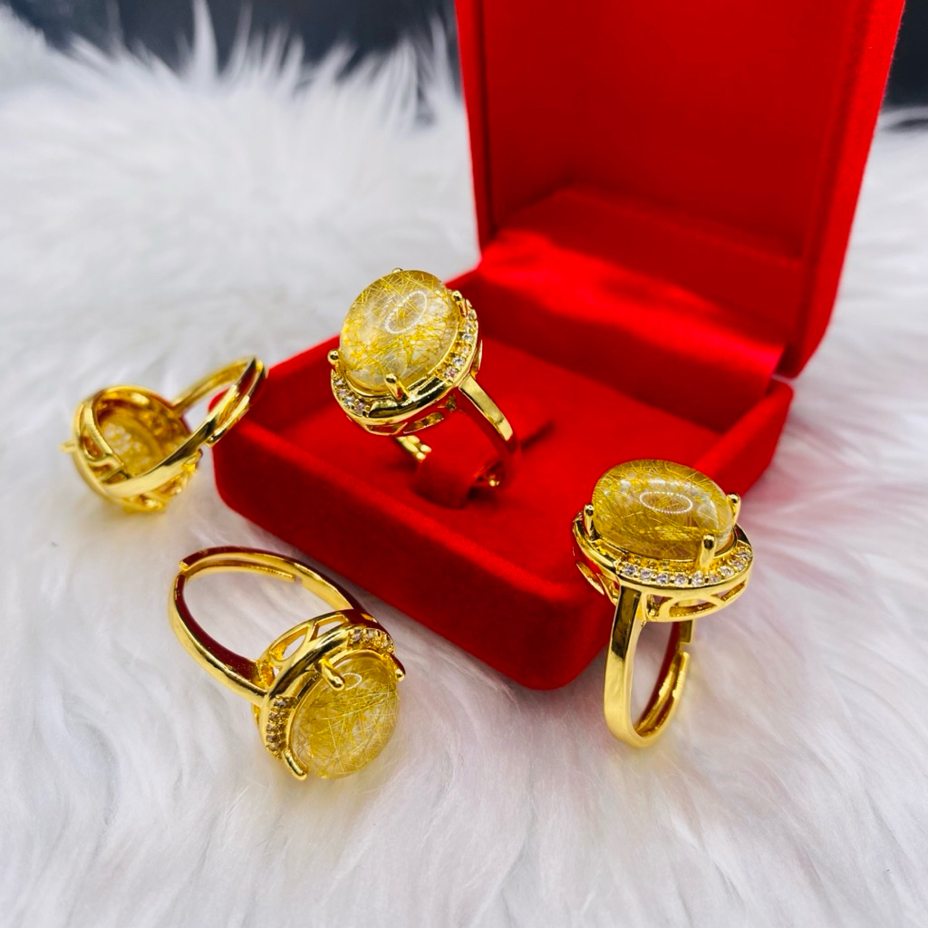 แหวนหินไหมทอง เพชรล้อม (ฟรีไซส์)แหวนชุบทอง24k แหวนไหมทองมงคล เสริมดวง